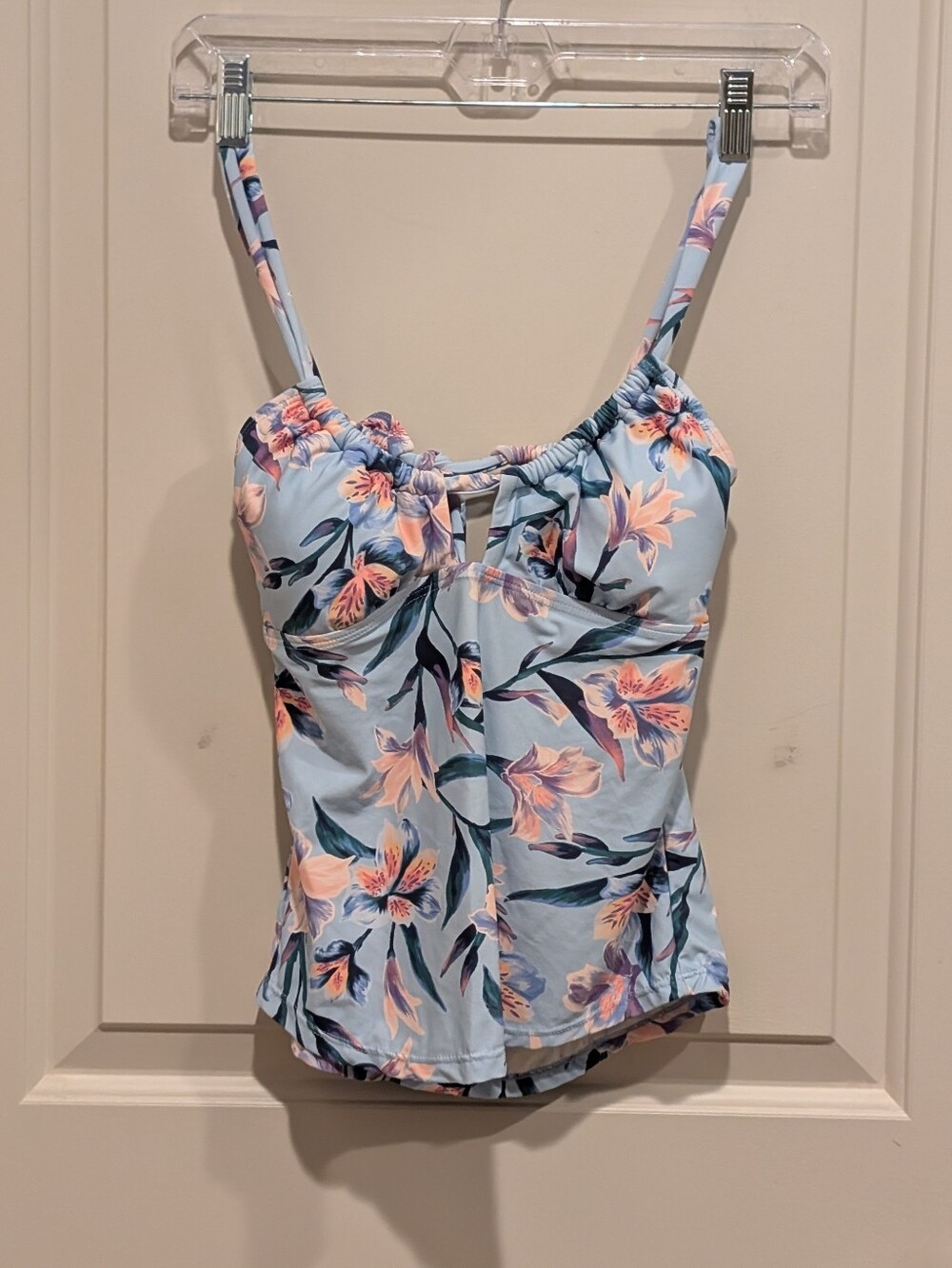 Mynah Light Blue Floral Tankini Top with Pink Blossom Accents